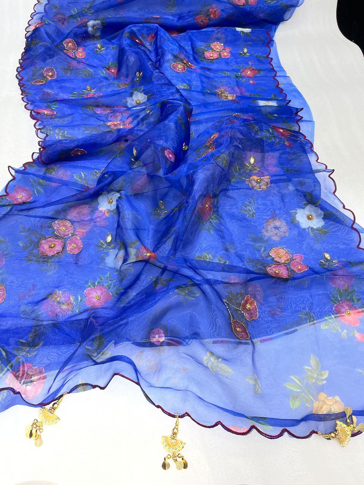 Orgenza || Mk Hit Blue Color Pure Organza Silk Saree With Cutwork Border Saree With Blouse