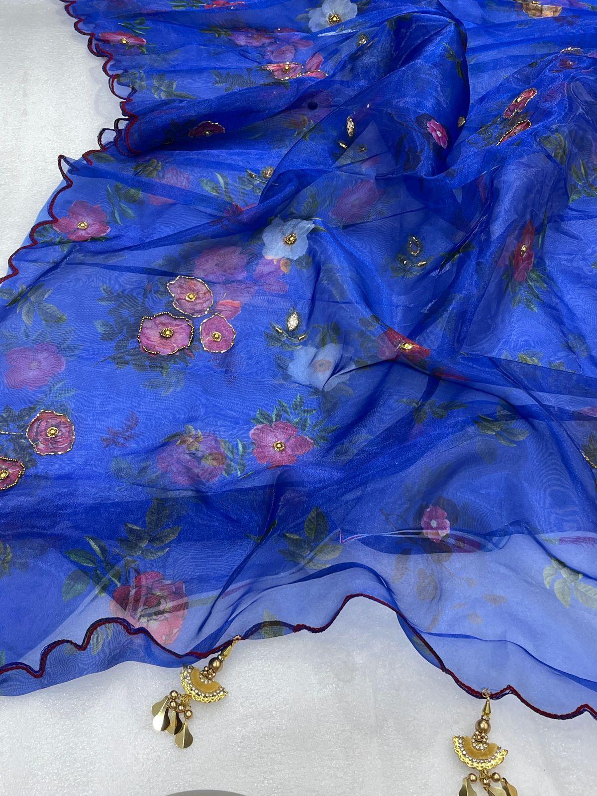 Orgenza || Mk Hit Blue Color Pure Organza Silk Saree With Cutwork Border Saree With Blouse