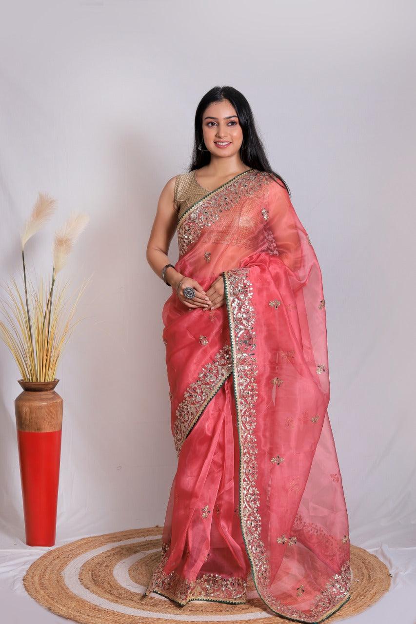 Orgenza || Gajri Color Moh Maya Heavy Gotta Patti Work And Pure Organza Silk Saree With Blouse