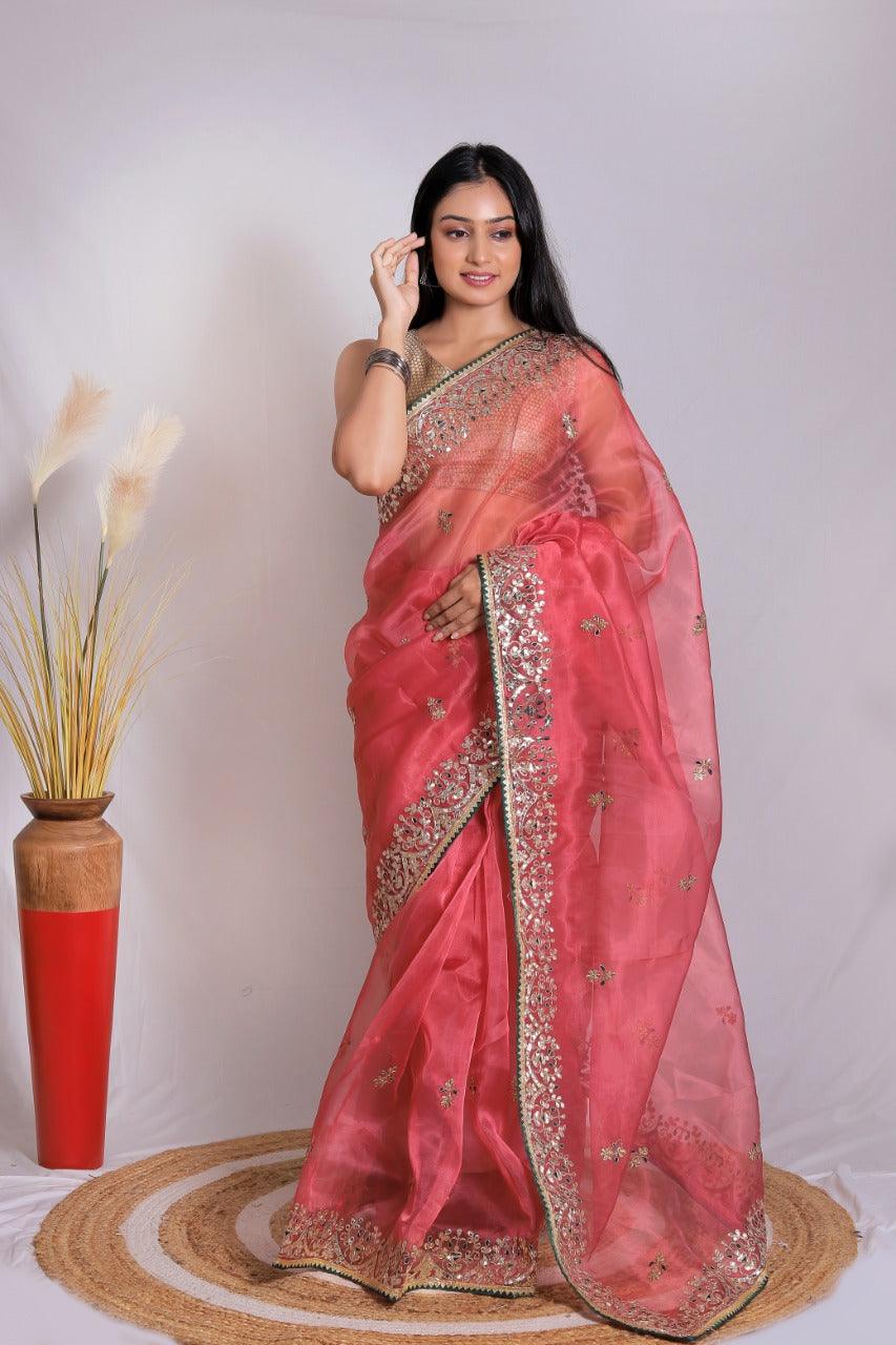 Orgenza || Gajri Color Moh Maya Heavy Gotta Patti Work And Pure Organza Silk Saree With Blouse