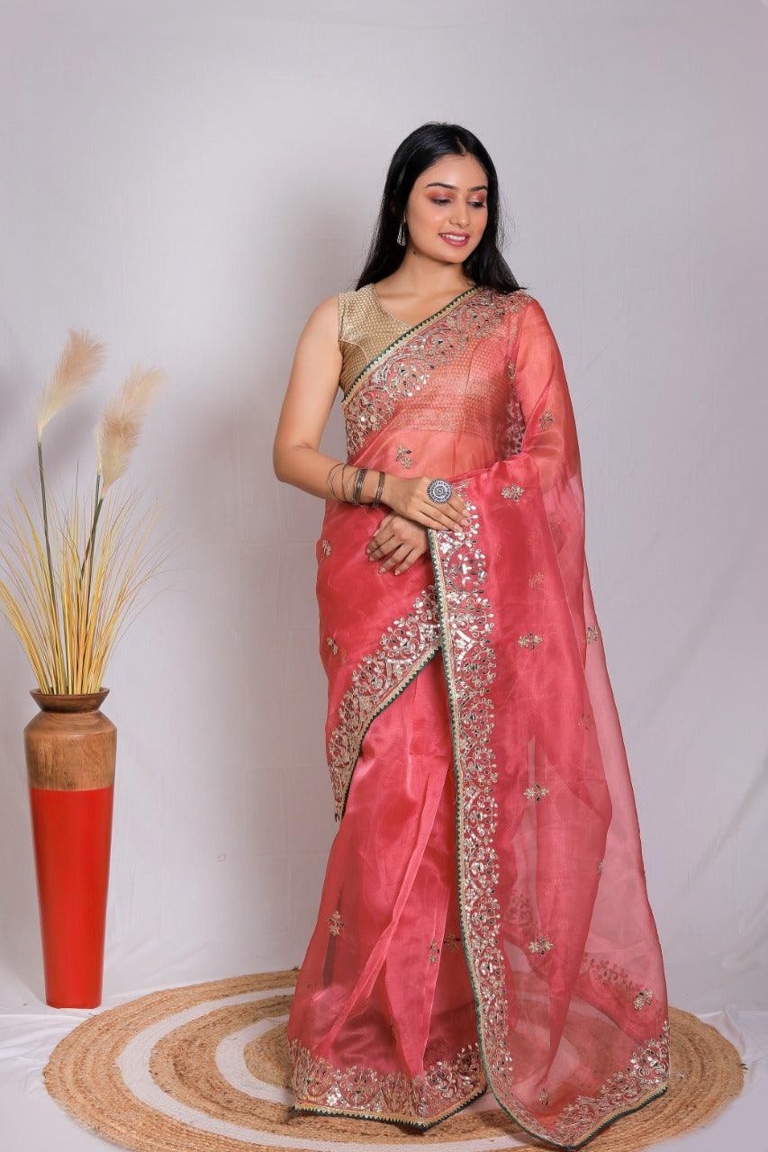 Orgenza || Gajri Color Moh Maya Heavy Gotta Patti Work And Pure Organza Silk Saree With Blouse