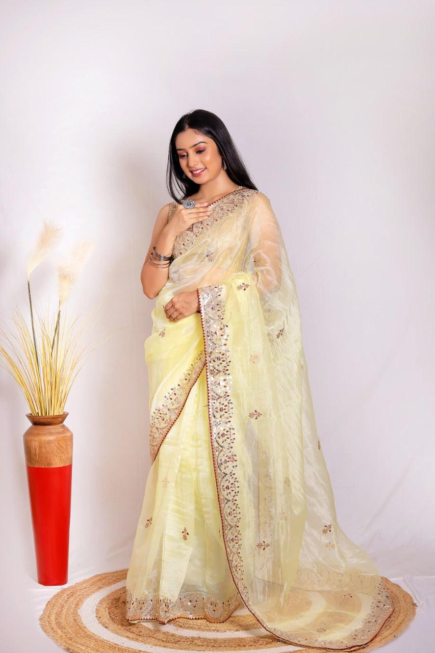 Orgenza || Light Lemon Color Moh Maya Heavy Gotta Patti Work And Pure Organza Silk Saree With Blouse