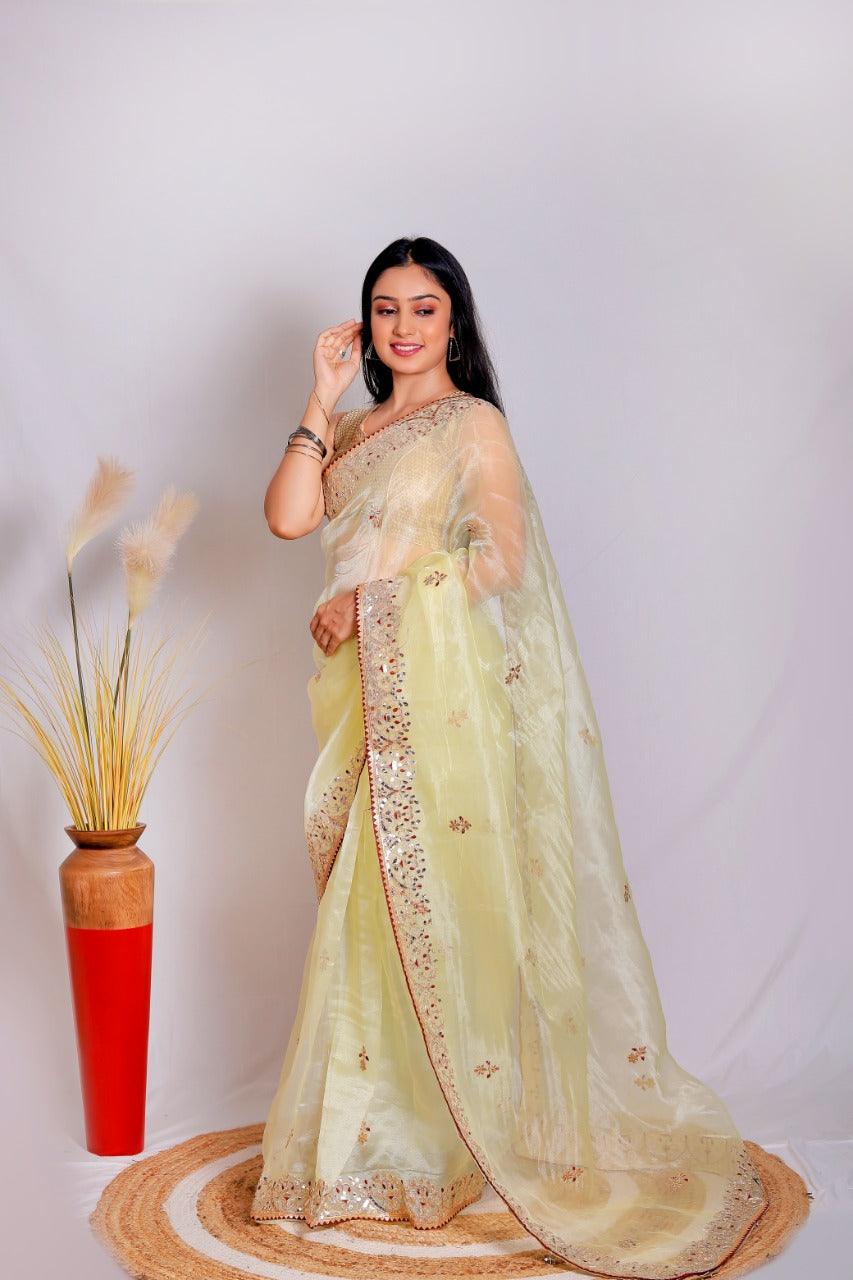 Orgenza || Light Lemon Color Moh Maya Heavy Gotta Patti Work And Pure Organza Silk Saree With Blouse