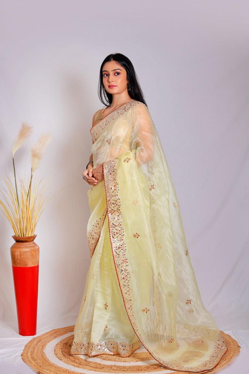 Orgenza || Light Lemon Color Moh Maya Heavy Gotta Patti Work And Pure Organza Silk Saree With Blouse