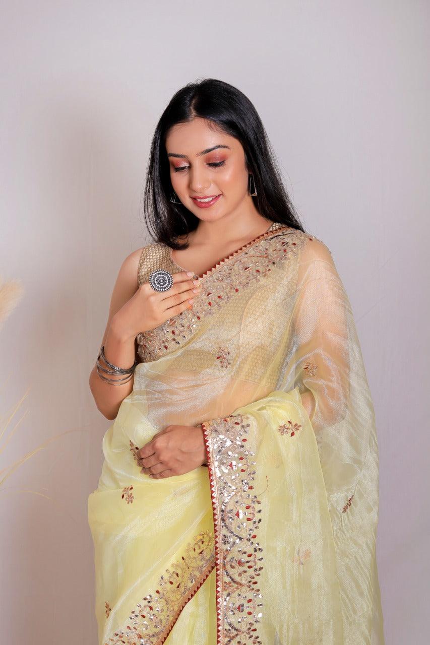 Orgenza || Light Lemon Color Moh Maya Heavy Gotta Patti Work And Pure Organza Silk Saree With Blouse