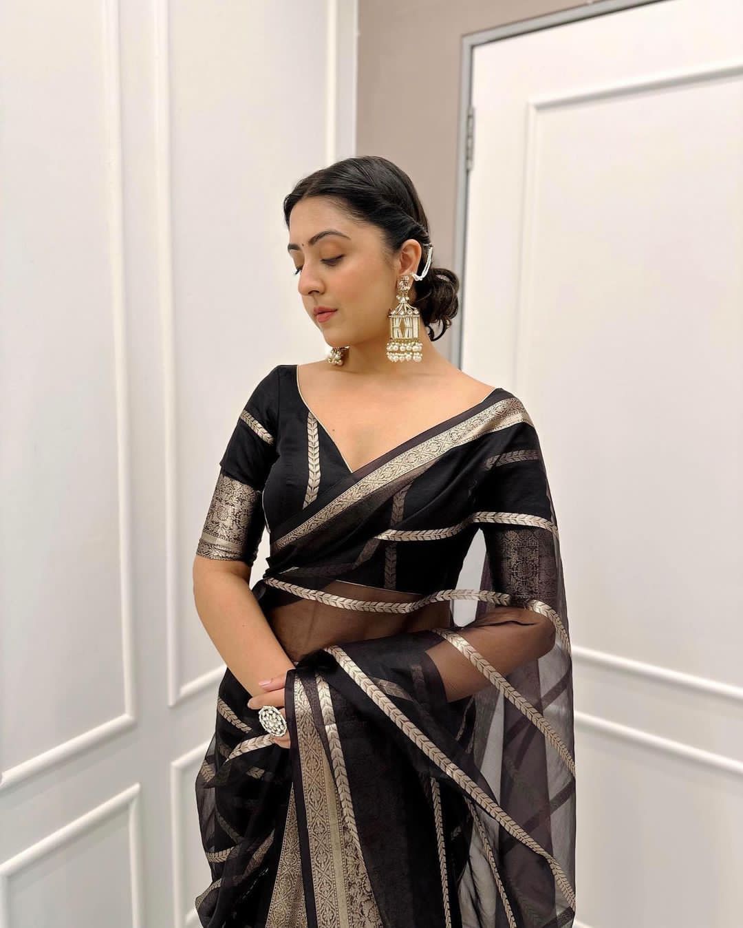 Black Colour Kanchipuram Organza Saree