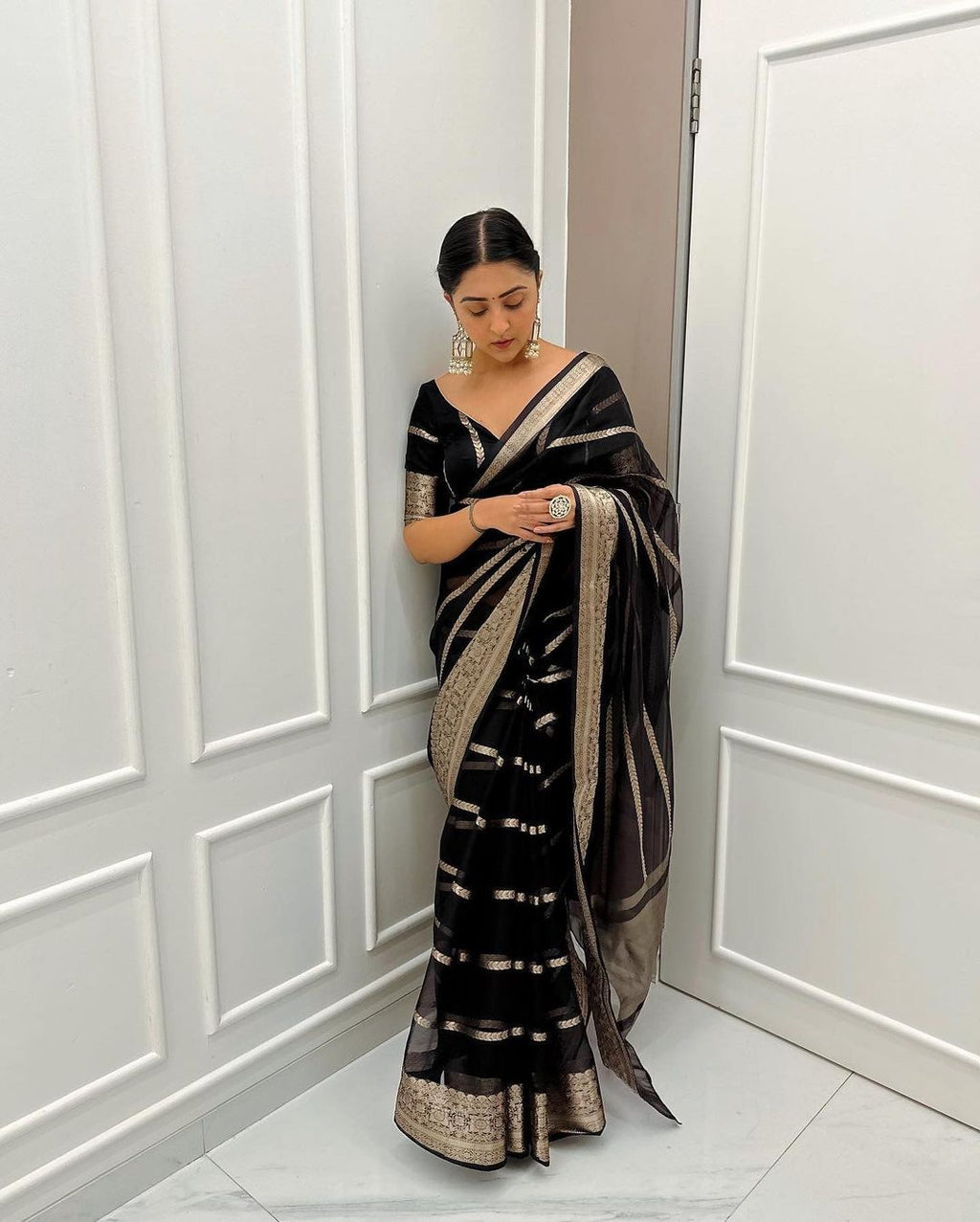 Black Colour Kanchipuram Organza Saree