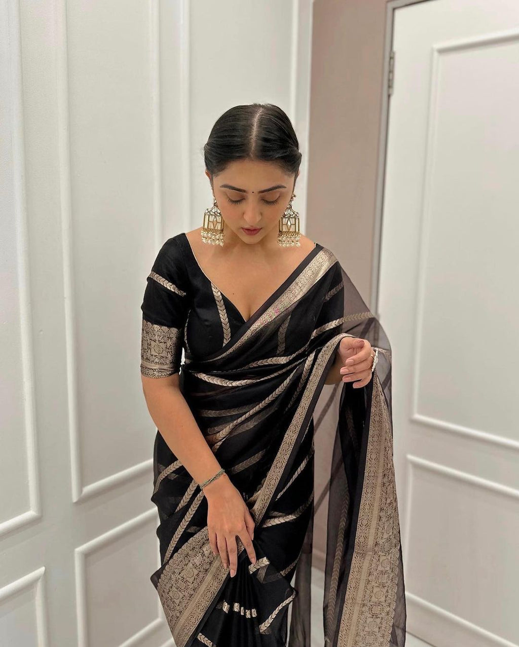 Black Colour Kanchipuram Organza Saree