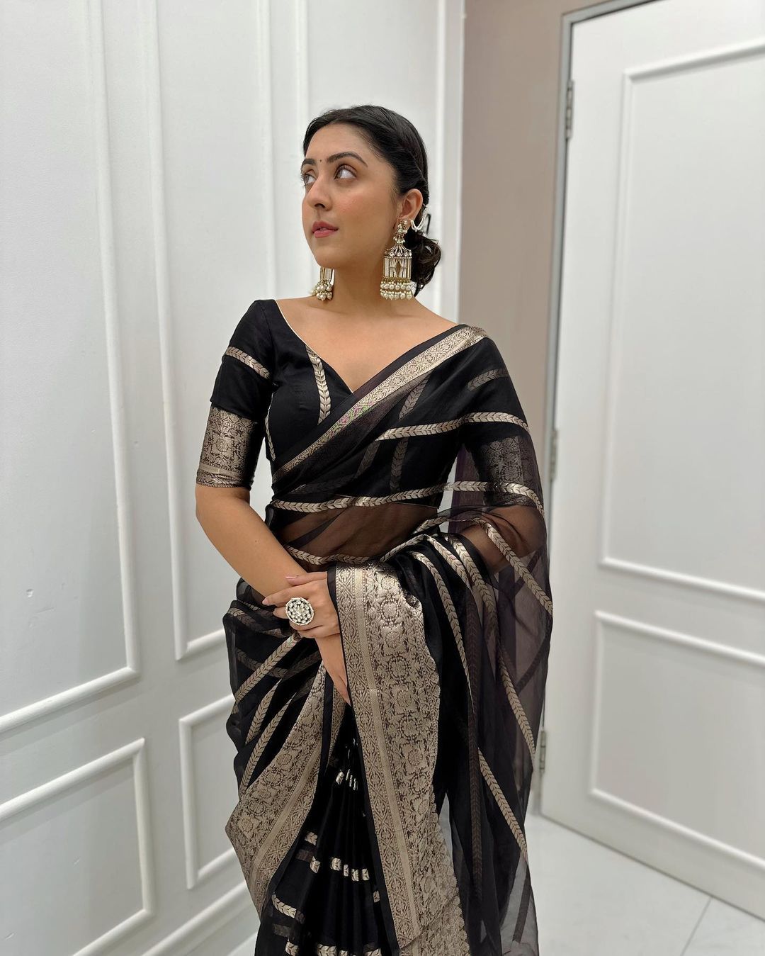 Black Colour Kanchipuram Organza Saree