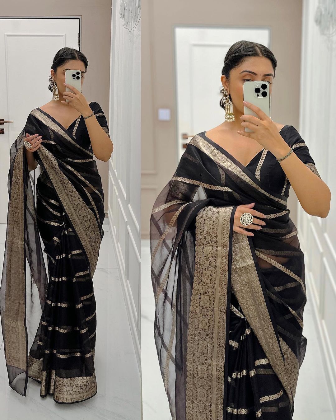 Black Colour Kanchipuram Organza Saree
